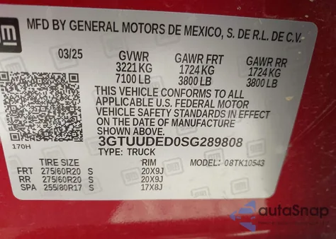 2025 GMC Sierra 1500 4Wd Short Box Slt z USA, uszkodzony, nr VIN 3GTUUDED0SG289808